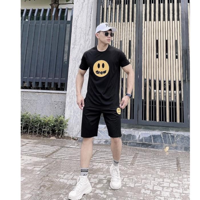 Bộ Quần Áo Cộc Tay In Hình mặt Cười Drew Màu Đen Basic Dễ Mặc ,Chất Thun Cotton Dày Dặn Thoáng Khí Form Unisex