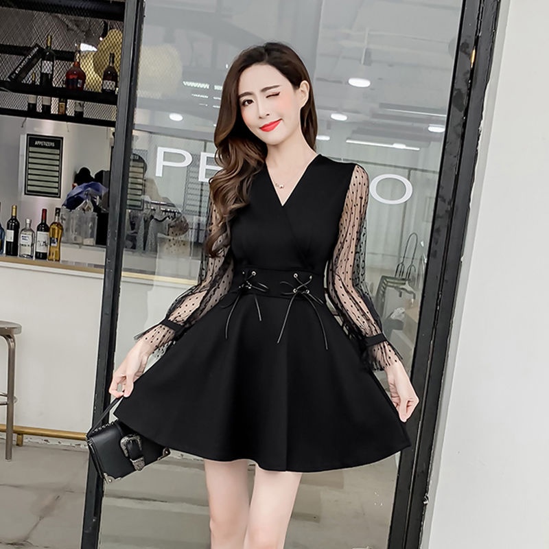 Váy nữ, đầm nữ Quảng Châu cổ chữ V phối ren D032