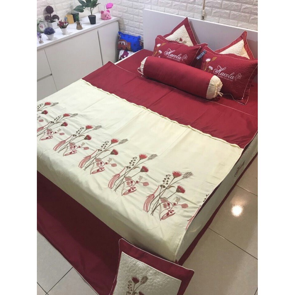 Set chăn ga gối satin chần thêu đẹp 7 món