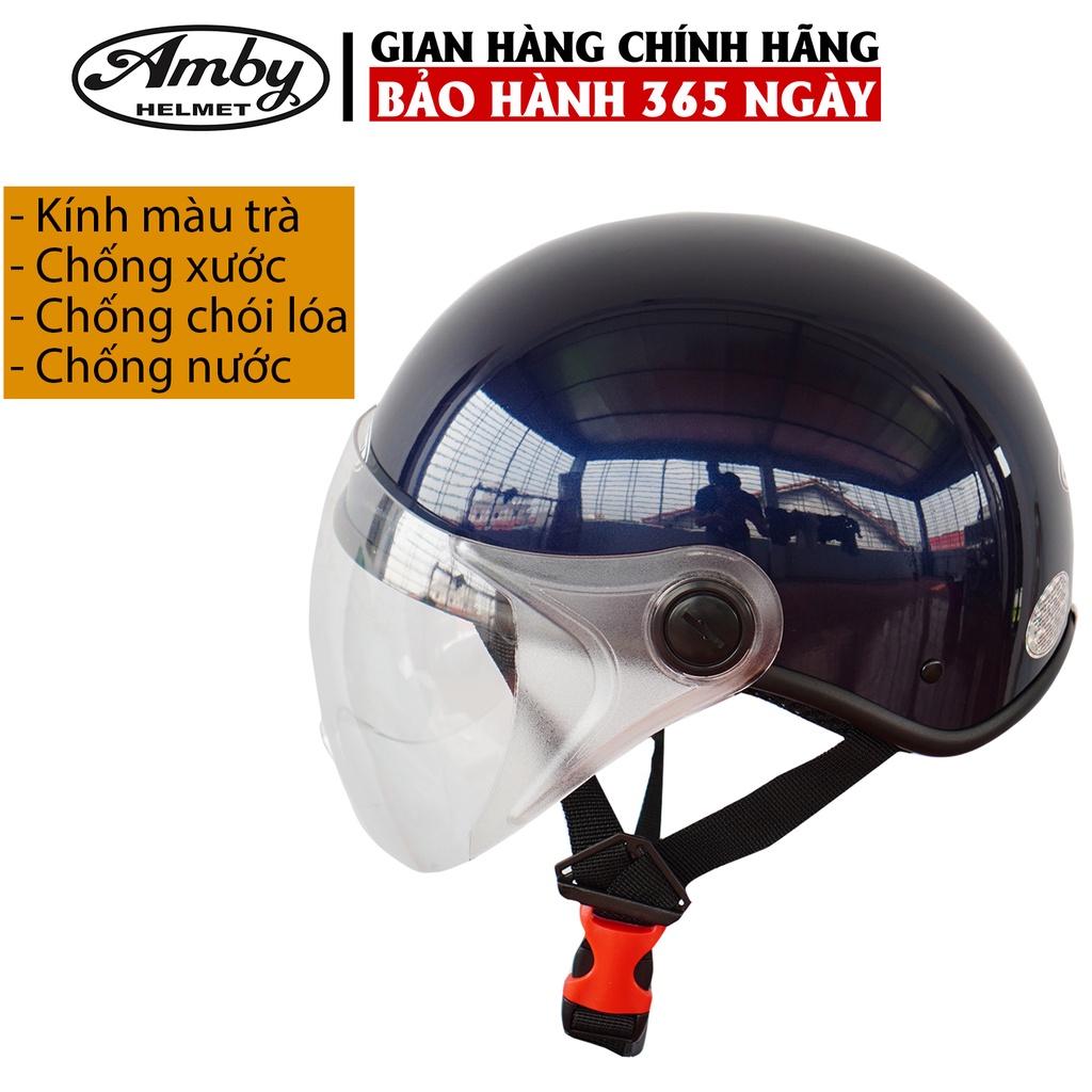 Mũ Bảo Hiểm Nửa Đầu Amby Helmet ST05, có kính che nửa mặt, kiểu dáng thời trang, khóa nhựa bền chắc - Xanh Than Bóng