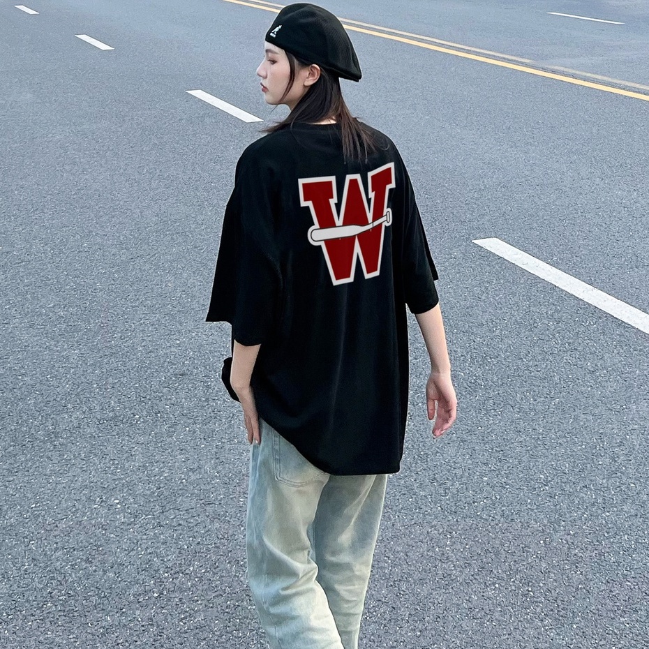 Áo phông rộng nữ W vintage cổ tròn đen áo unisex áo thun tay lỡ 100% cotton
