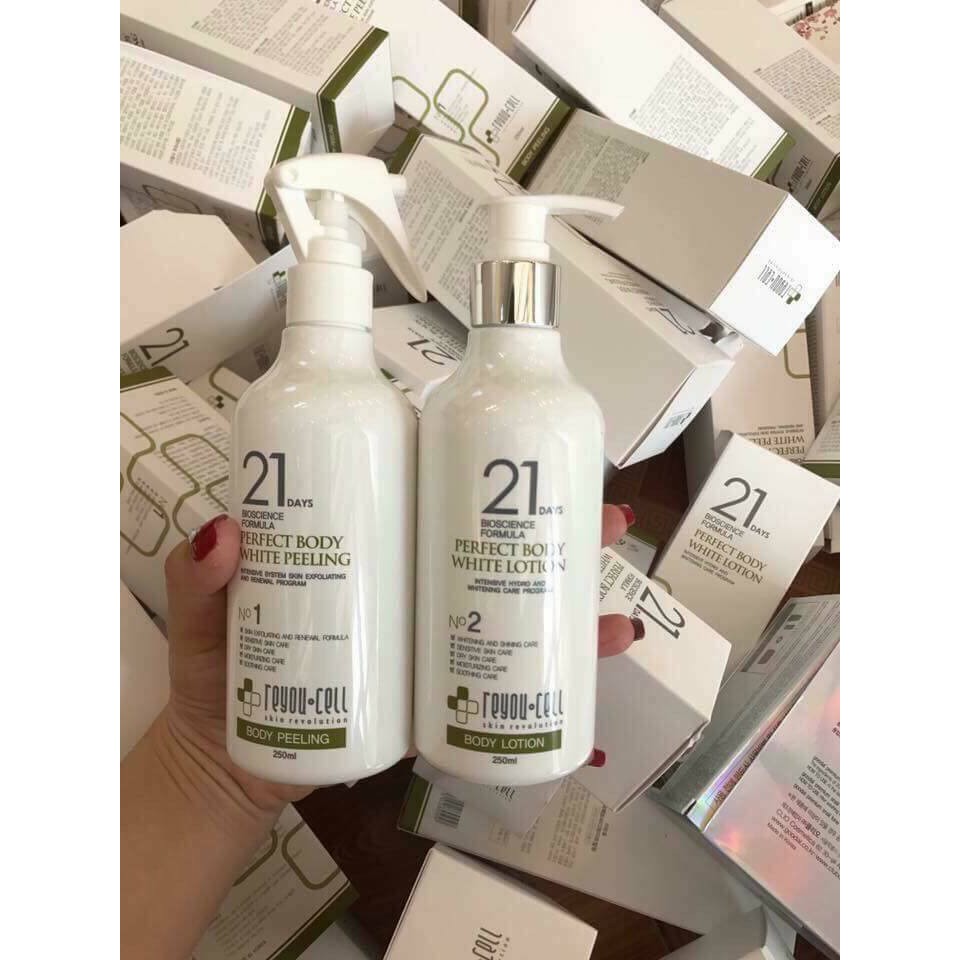 Bộ đôi dưỡng trắng toàn thân Reyou-Cell 21 Days Perfect Body White Peeling & Lotion 250ml x2