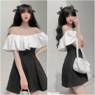 Váy Trễ Vai Phối Đen Trắng