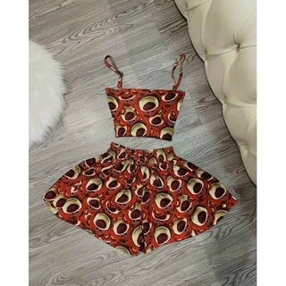 Set bộ áo hai dây kèm quần đùi xoè hoạ tiết dễ thương