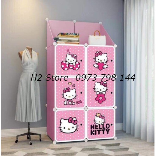 TỦ LẮP GHÉP ĐA NĂNG GIÁ RẺ ĐỂ QUẦN ÁO CHO BÉ 6 Ô + 2 KỆ TAM GIÁC CỬA KITTY CHẤM BI VÁCH HỒNG CUTE sâu 47cm