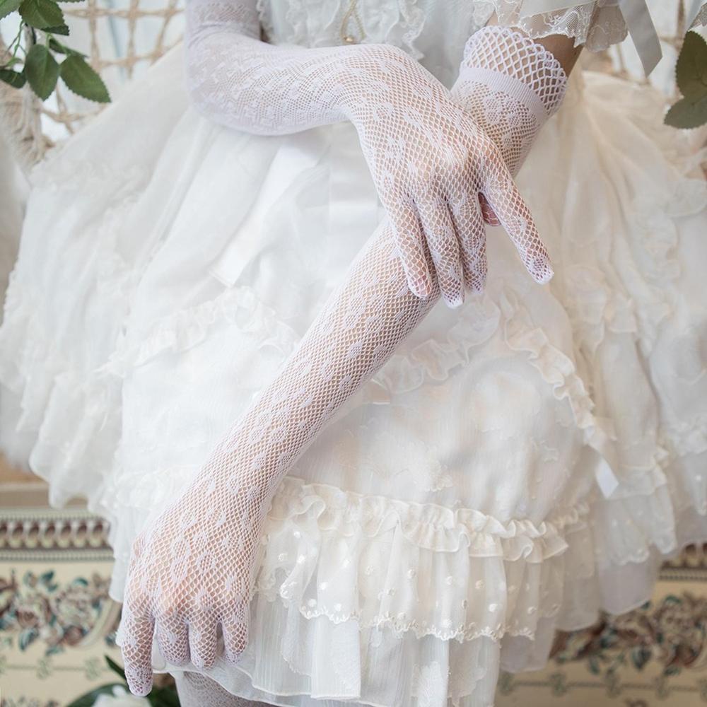 Găng Tay Lưới Nylon Mỏng Dài Màu Trắng Đen Phong Cách Gothic