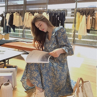 Đầm Hoa Midi Tay Dài Màu Xanh Thời Trang Mùa Hè Dành Cho Nữ