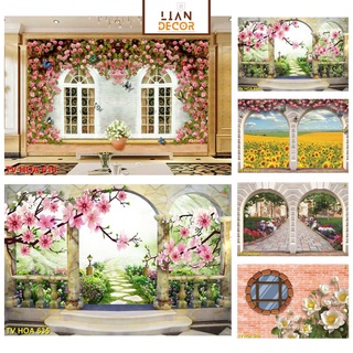 Tranh dán tường 3D cửa sổ hoa, Tranh decal Cửa sổ