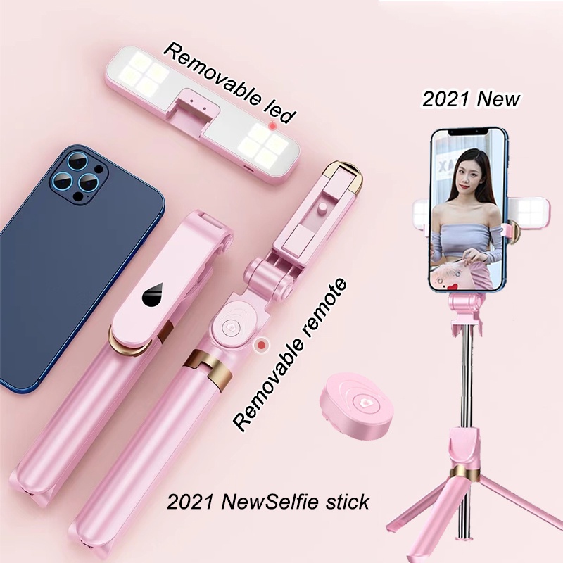 1 Meter High Protable 360 Degrees Rotation Selfie Stick With Bluetooth Wireless Remote Control And Detachable Removeable Rechargeable Fill Light For Travel