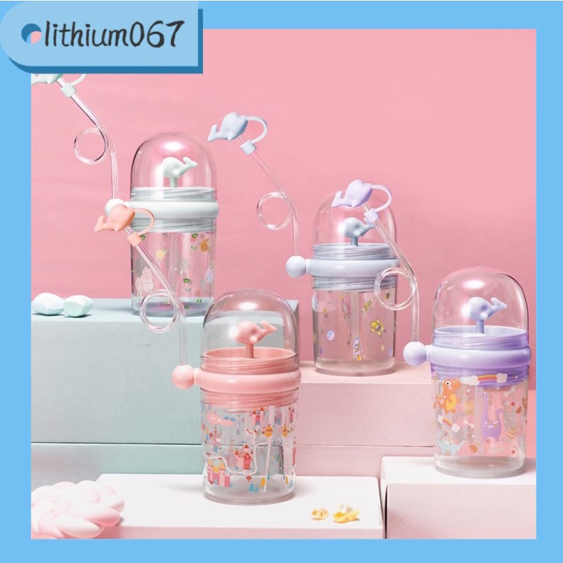 Lithium067 Bình xịt cá voi nước cho trẻ sơ sinh Sippy Cup Cốc nhựa mùa hè em với ống hút