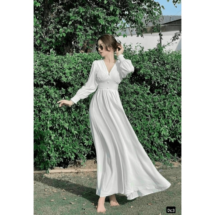 (Free Ship) Đầm Lụa Cổ Y Thắt Eo Bo Tay Đẹp Tựa Tiên Nữ UP Valetina Shop