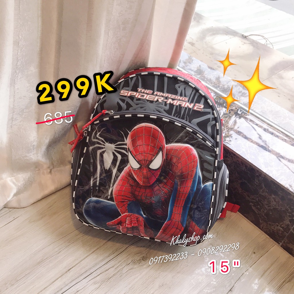 Balo trẻ em 15'' hình người nhện Spiderman viền sọc trắng đen màu đỏ đen dành cho học sinh ,bé trai - BLSP15DD (30x13x38