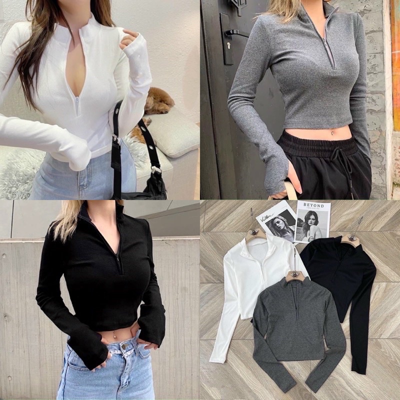Áo thun croptop kéo khoá tay dài tôn dáng Michi