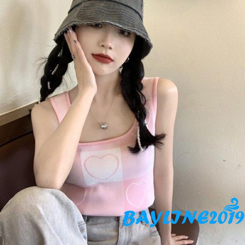 Áo Croptop Dệt Kim Không Tay Cổ Vuông In Họa Tiết Trái Tim Dễ Thương Cho Nữ | BigBuy360 - bigbuy360.vn