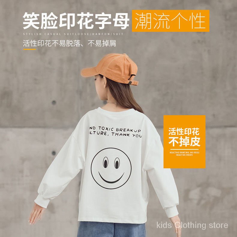 Hàng Có Sẵn Set Áo Thun Tay Dài In Hình Mặt Cười + Quần Jean Ống Rộng Màu Xanh Dương Cho Bé Gái /056