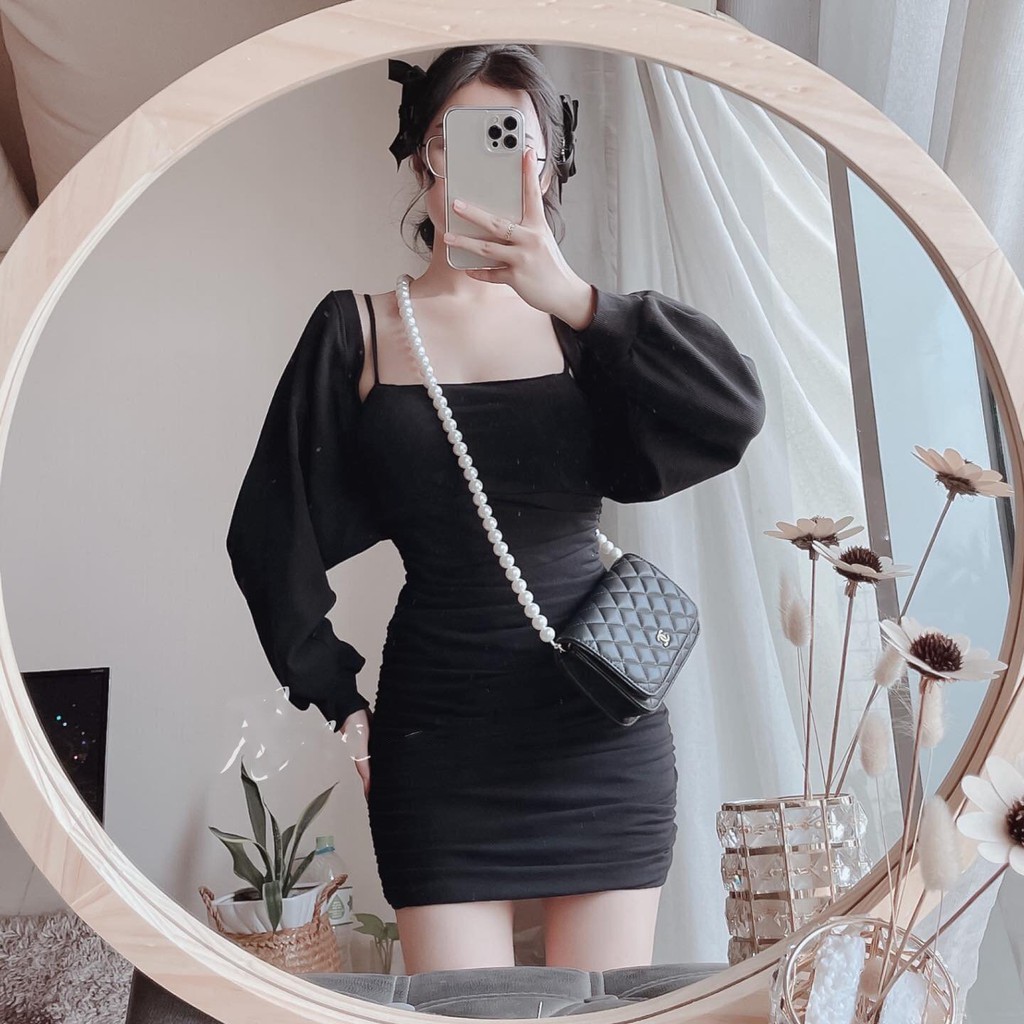 Set váy 2 dây kèm áo khoác, Váy hai dây bo tăm dáng ôm mix áo khoác ngoài cực xinh AD48 | BigBuy360 - bigbuy360.vn