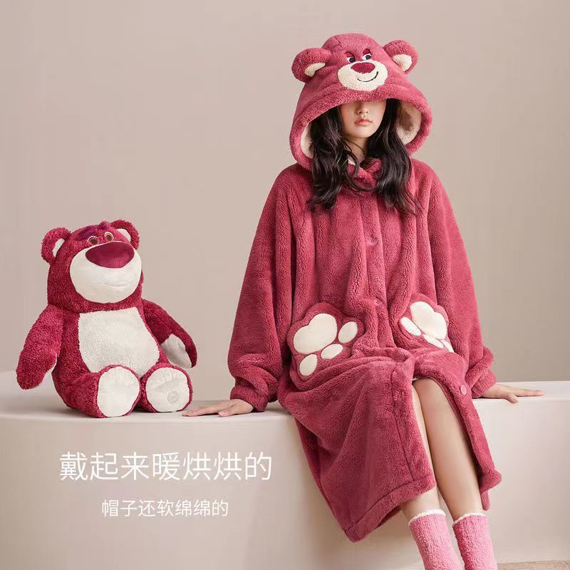 Bộ Đồ Ngủ Lông Cừu San Hô Dày Dặn In Họa Tiết Gấu Và Dâu Tây Dễ Thương Thời Trang Thu Đông Cho Nữ