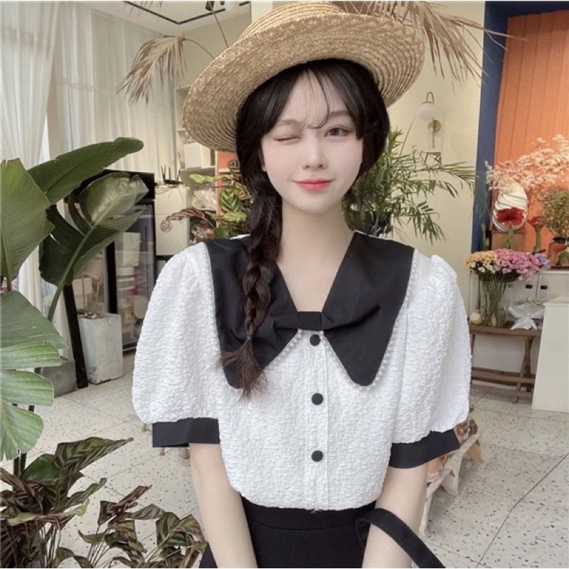 Áo Sơ Mi Đũi Xốp Nhăn Cổ Nơ Viền Ngọc Cực Xinh