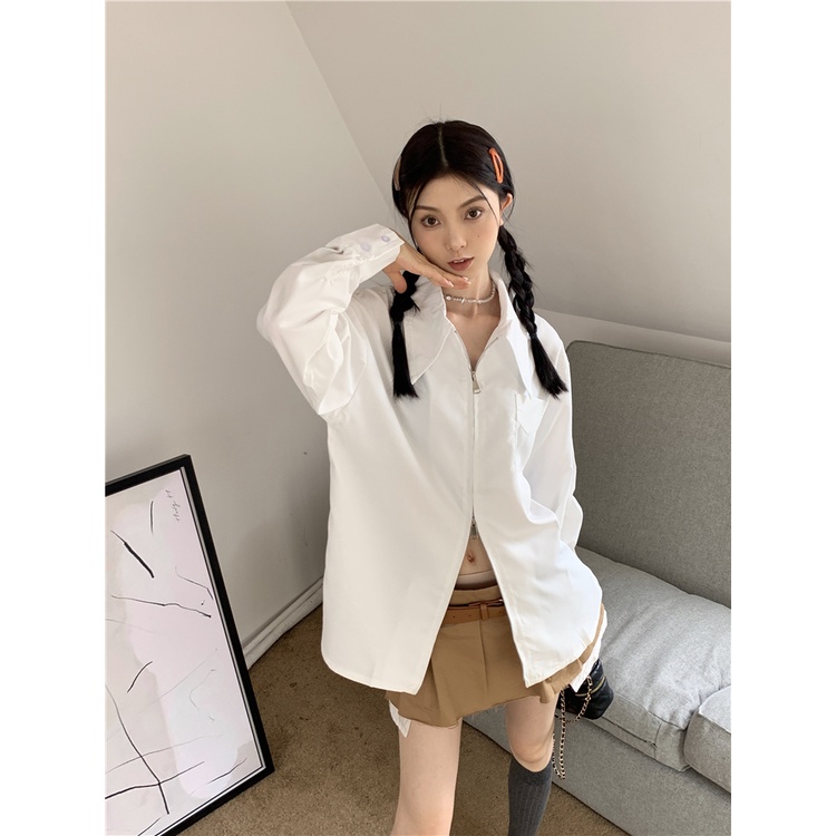 「 WELOVE1 」Áo Sơ Mi Dài Tay Dáng Rộng Có Khóa Kéo Đôi Thời Trang Mùa Thu Phong Cách retro Mỹ Dành Cho Nữ