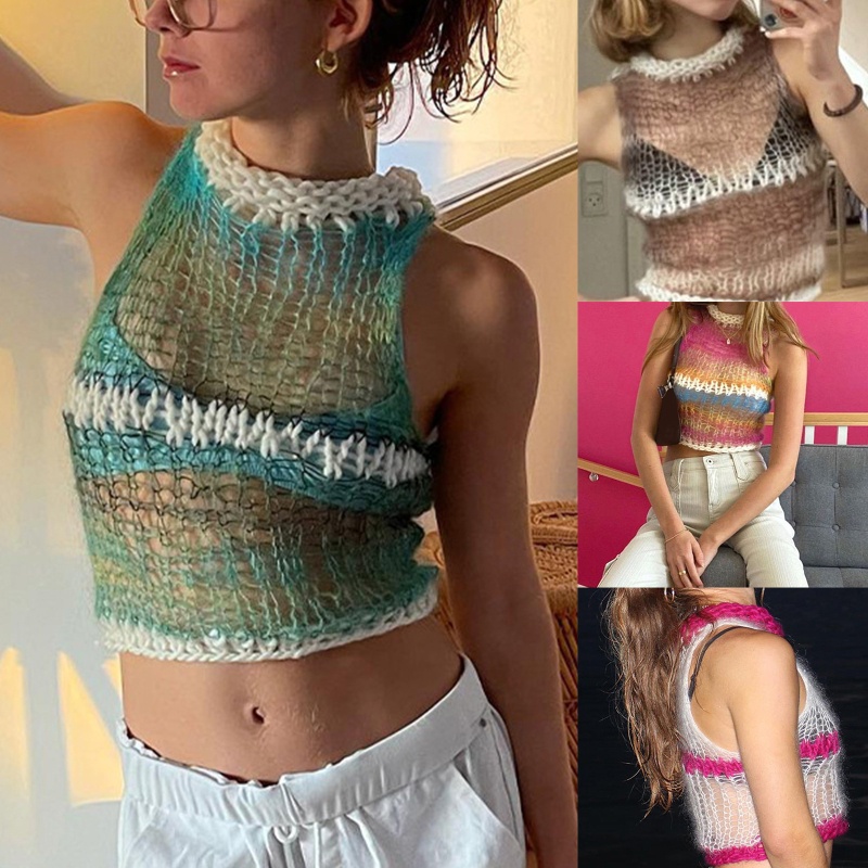 Brroa Áo Dệt Kim Sát Nách Cổ Lọ Màu Cầu Vồng Xuyên Thấu Phong Cách Boho Cho Nữ