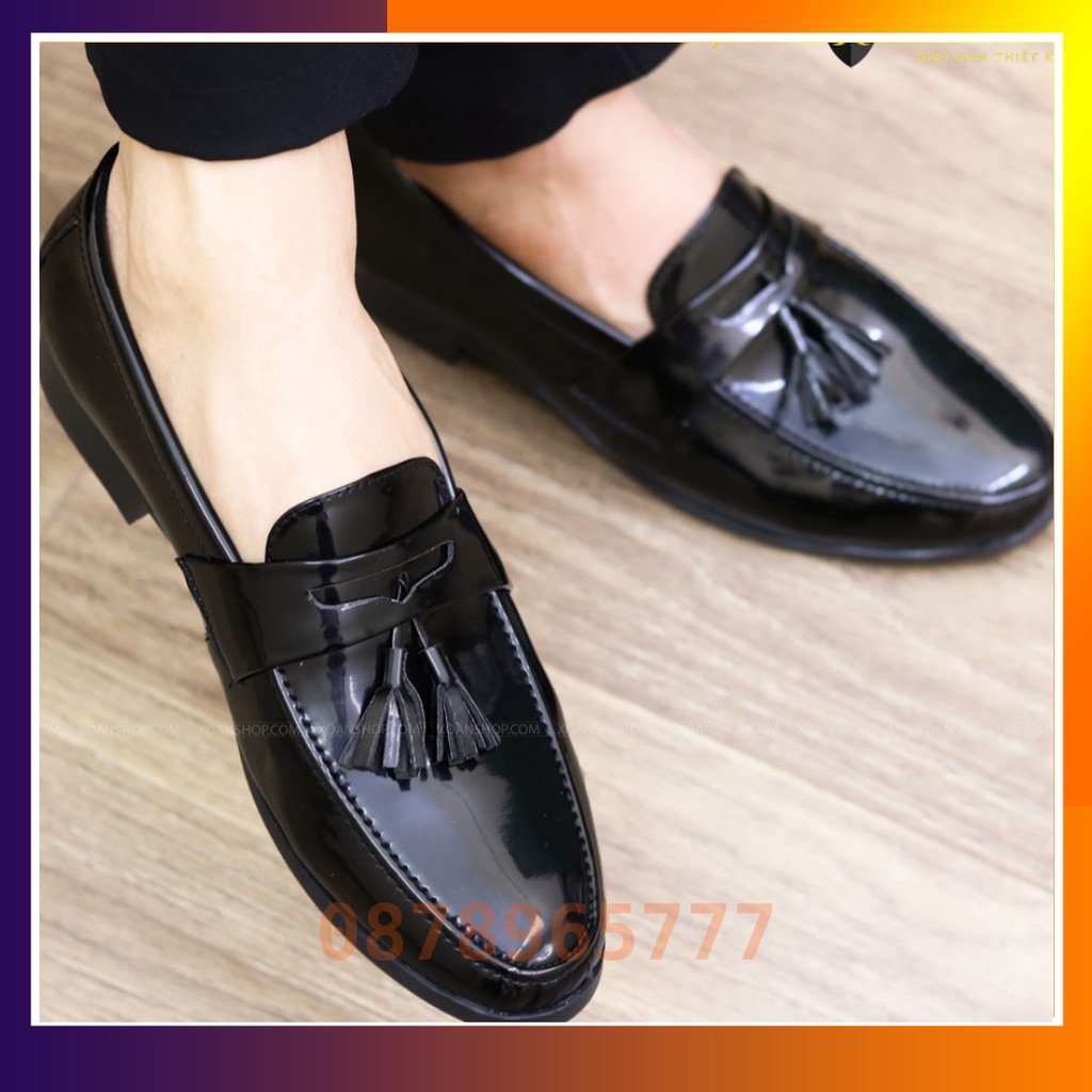 Giày Da Lười Nam Da Bóng Gắn Chuông Đế Cao Su Đúc Nguyên Khối - Mã L160 Màu Đen Hàng Việt Nam