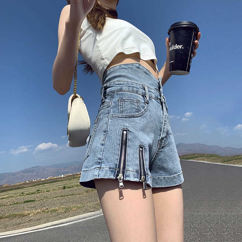 Quần Short Denim Mỏng Lưng Cao Dáng Rộng Có Khóa Kéo Phong Cách Mùa Thu Mới 5DCR Cho Nữ