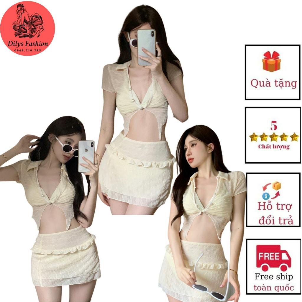 Bikini đi biển sexy BK, Đồ bơi nữ 2 mảnh kèm áo cộc ngoài chân váy bèo có quần bảo hộ trẻ trung phong cách hàn quốc