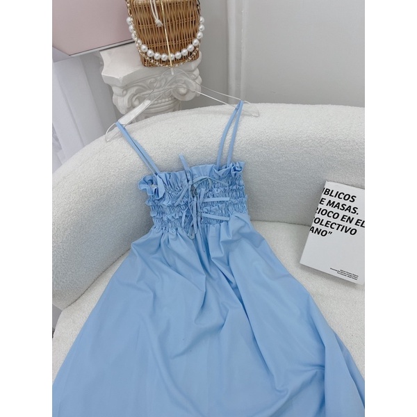 ĐẦM MIDI XANH BO CHUN NGỰC 2 DÂY CỘT