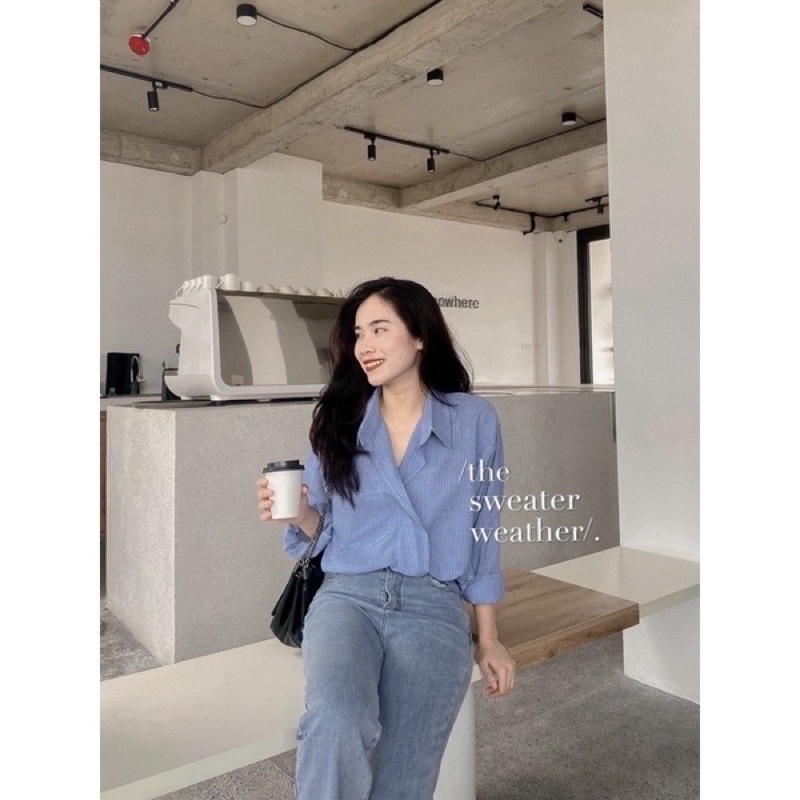 [HÀNG SẴN]ÁO SƠMI SỌC KẺ CỔ NẸP CHÉO THỜI THƯỢNG