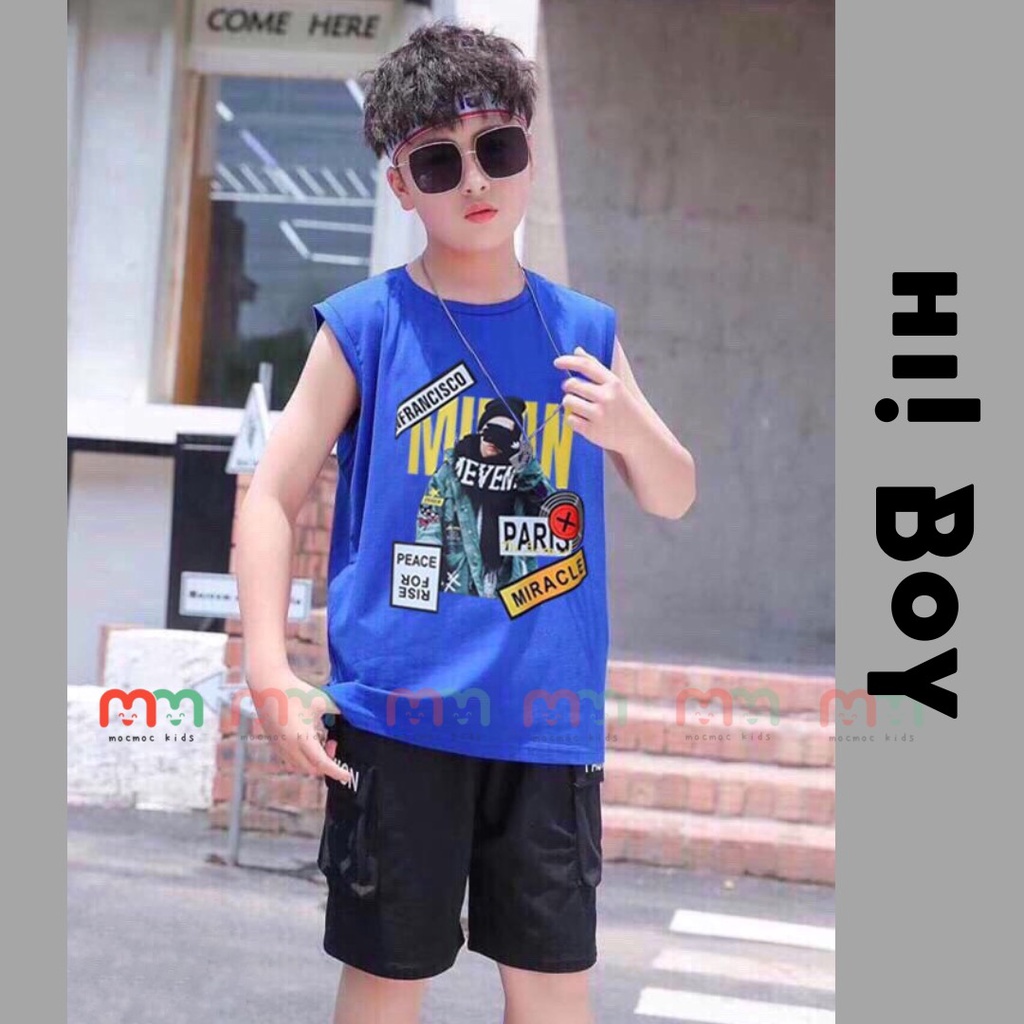 Đồ bộ bé trai áo thun sát nách phối quần cộc thun cotton cao cấp mềm mịn mát co dãn cho bé 22kg đến 49kg