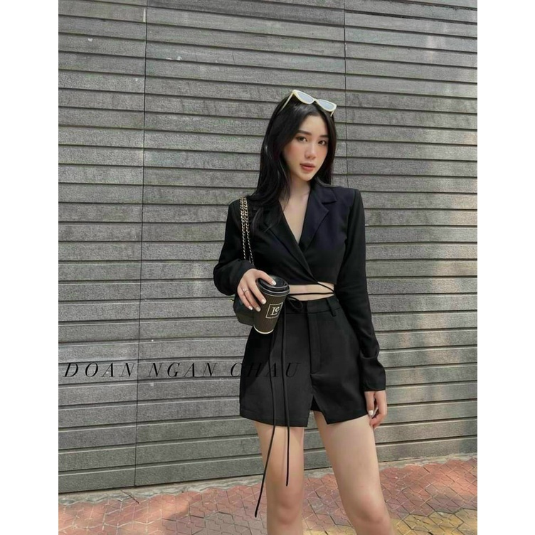 [9.9 Sales Freeship] Set bộ áo cổ vest nữ đi tiệc, set áo tay dài croptop cột dây eo chân váy ngắn chữ A cá tính