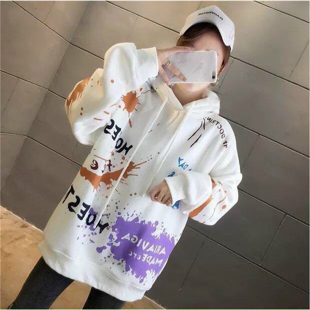 Áo hoodie nam nữ form rộng thời trang họa tiết vẩy sơn phối chữ mới phong cách đường phố