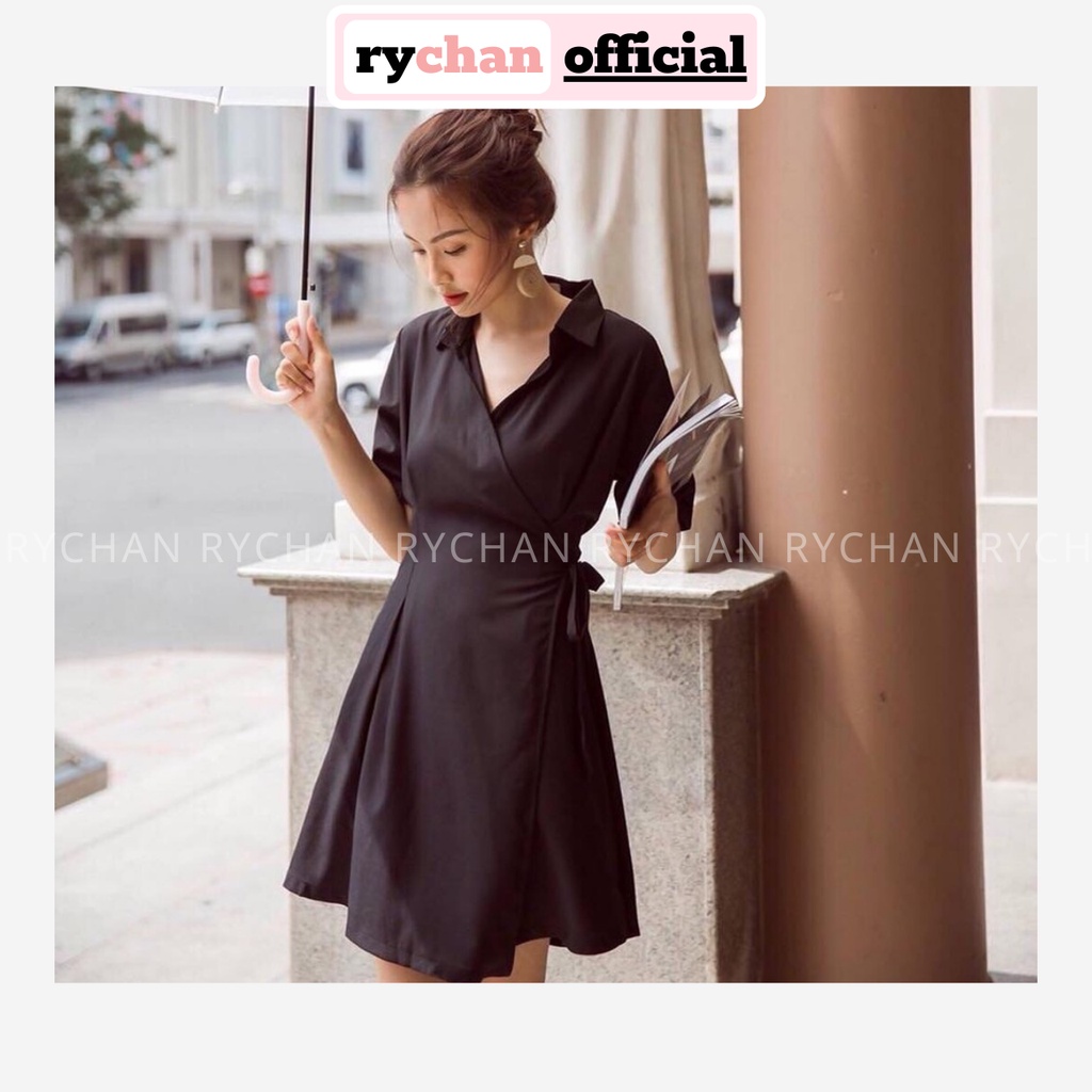 DX116 - Đầm Xòe Đen Đắp Chéo Cột Eo Cổ Bẻ