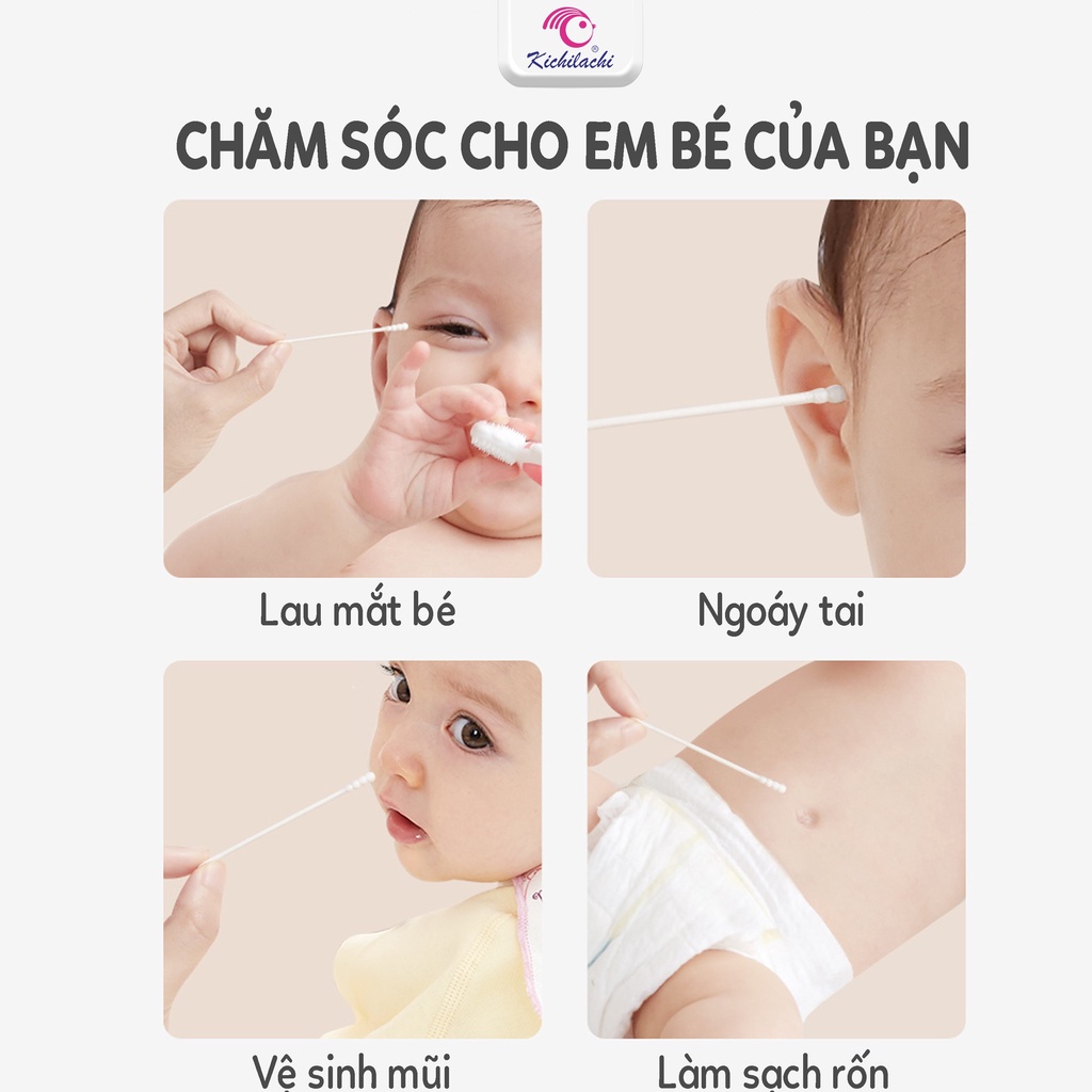 Bông ngoáy tai, Tăm bông ngoáy tai cho sơ sinh, trẻ em Kichilachi màu hồng thân giấy 200 que-Shop Mẹ Khoai