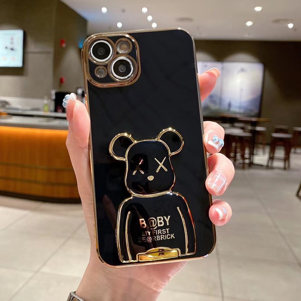 Ốp Điện Thoại Dẻo Vuông Mạ Màu Có Giá Đỡ Hình Gấu Cho Apple iPhone 14 13 12 11 Pro Max iPhone X XS XR Max 7 8 Plus