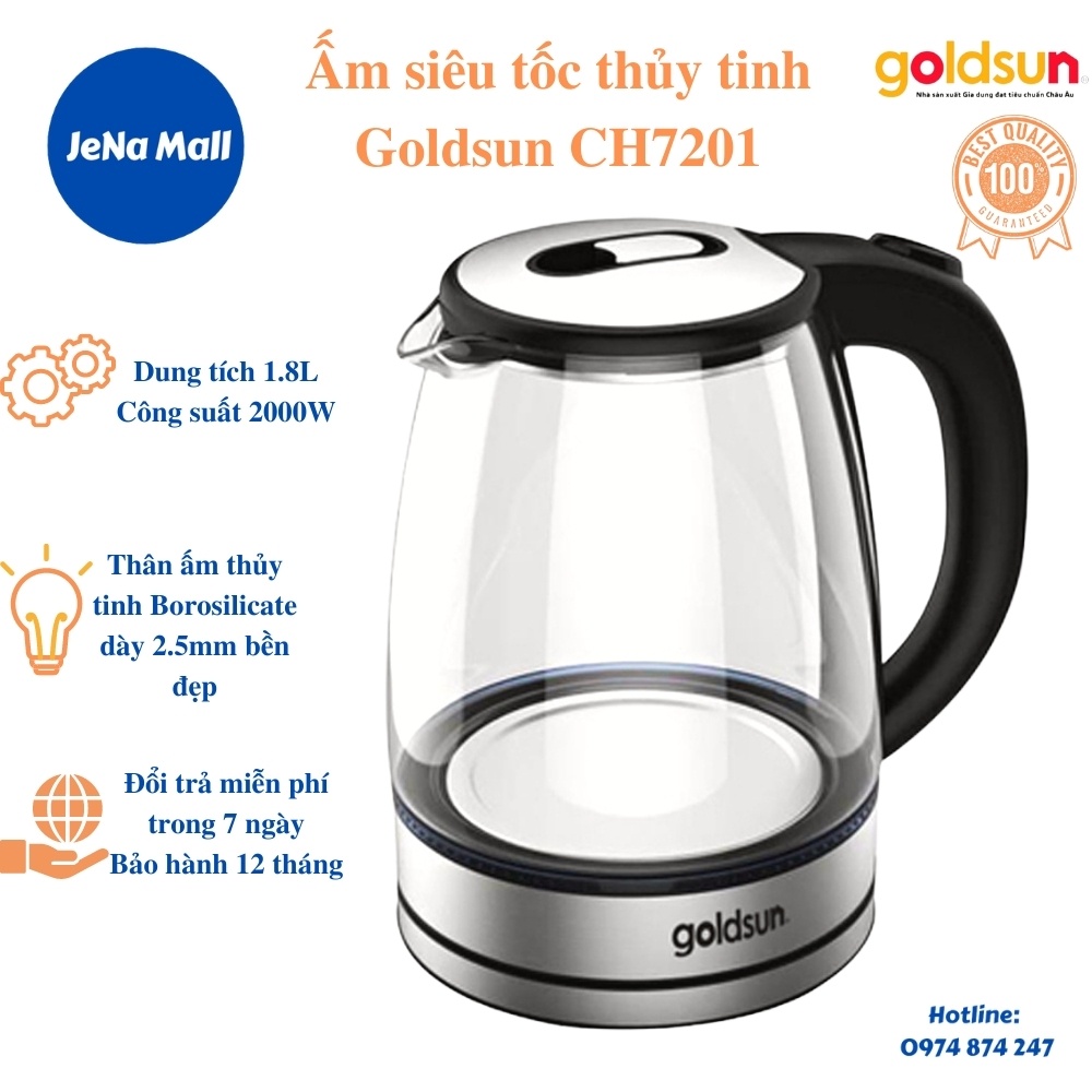 Ấm điện, Ấm siêu tốc thủy tinh Goldsun CH2701 dung tích 1.8L, đổi trả miễn phí trong 7 ngày, bảo hành 12 tháng