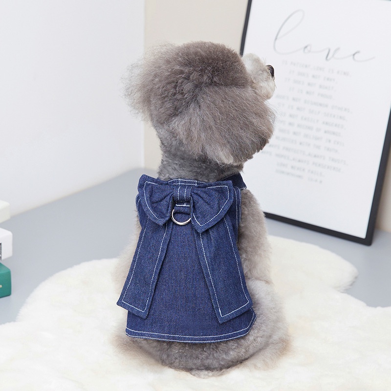 Bộ Áo Sơ Mi Denim Thắt Nơ Kèm Dây Dắt Dành Cho Thú Cưng Chó Mèo