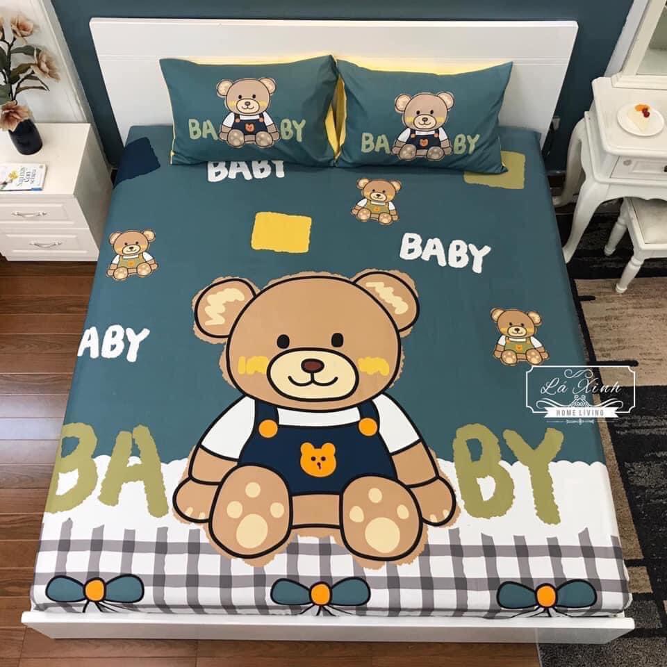 Bộ ga giường và vỏ gối Cotton 100% họa tiết Khủng Long và Gấu Emi Bedding ga gối Cotton Hàn Quốc đủ size drap nệm