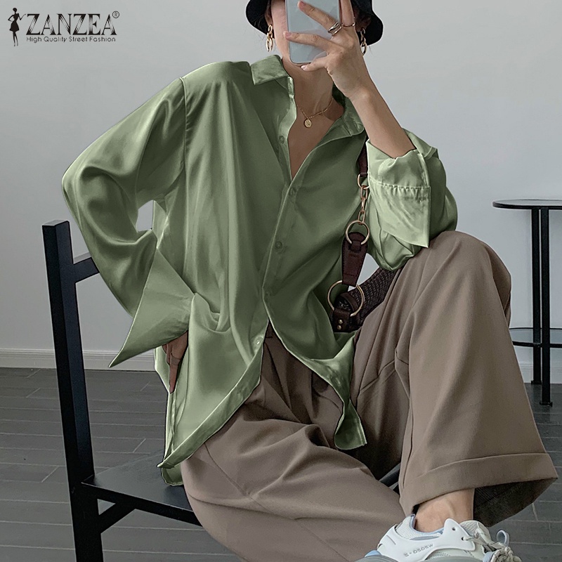 Áo kiểu satin ZANZEA tay dài cổ áo lật xuống có nút gài phía trước cho nữ