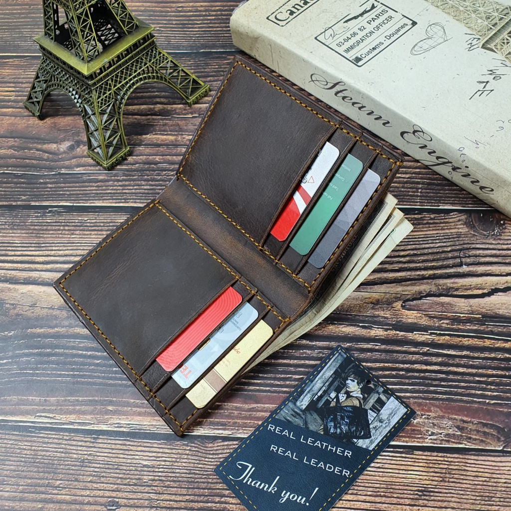 Ví nam da bò sáp may thủ công handmade WS226VB   - 100% da bò thật, BH 3 năm