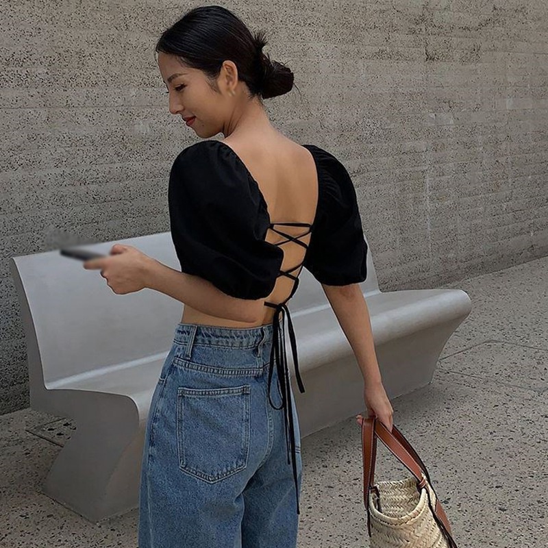 Áo kiểu cổ vuông tay ngắn phối ren hở rốn phong cách retro gợi cảm dành cho nữ