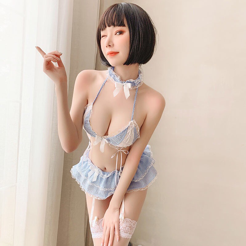 Đồ ngủ sexy cosplay hầu gái bikini caro gợi cảm + quần chip G string 312