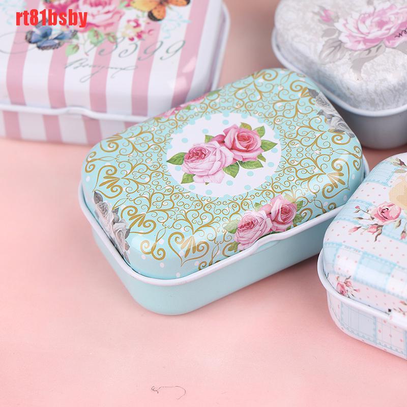 [rt81bsby]Mini flower tin trinket jewelry  box tinplate storage case small rectangular