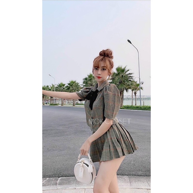 {Freeship} Set Vest Caro tag Nơ Chân váy dập ly (vest dạ kaki) | BigBuy360 - bigbuy360.vn