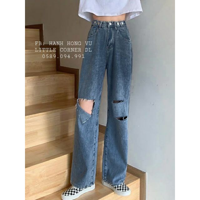 Quần retro baggy jeans ống suông dài nút hông rách xẻ kèm ảnh thật ulzzang unisex
