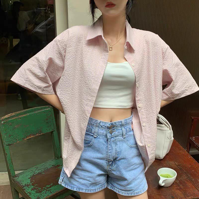 Áo sơ mi kẻ xốp trơn basic cộc tay cá tính ulzzang nam nữ Flashsaleshop 👉 Chất xốp nhẹ thoáng mát