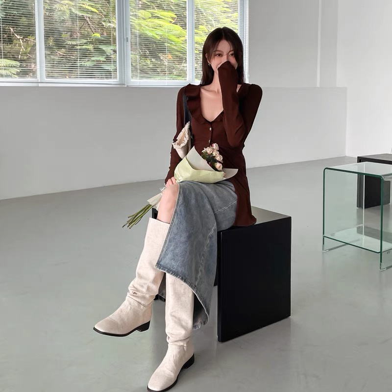 Áo sơ mi cổ V dáng dài áo thun body WANAWEAR phong cách retro cổ điển quyến rũ
