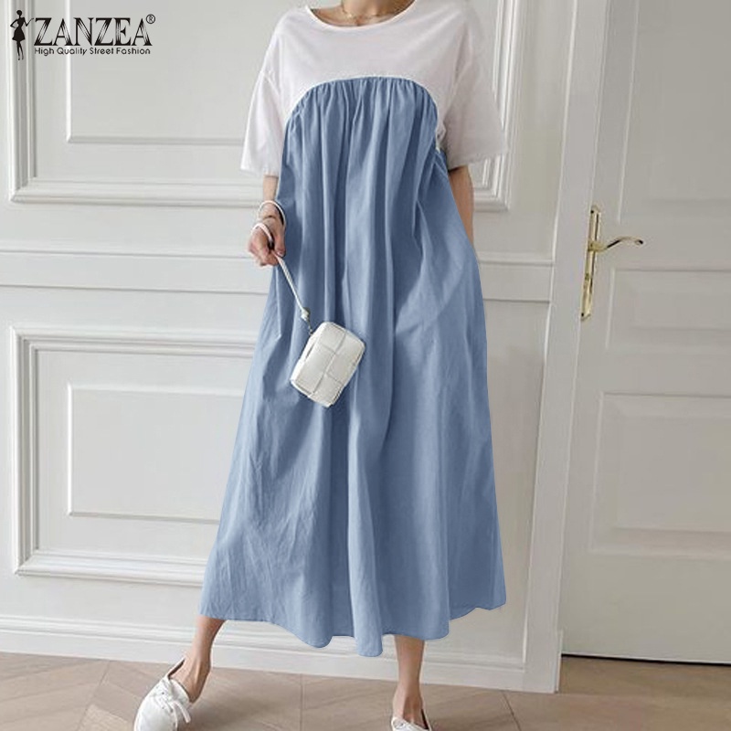 Đầm maxi Zanzea tay ngắn cổ tròn xếp ly màu tương phản thời trang cho nữ