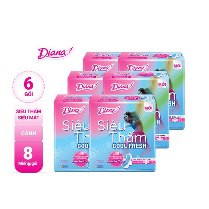 Bịch 6 gói Băng Vệ Sinh Diana siêu thấm COOL FRESH cánh 8M