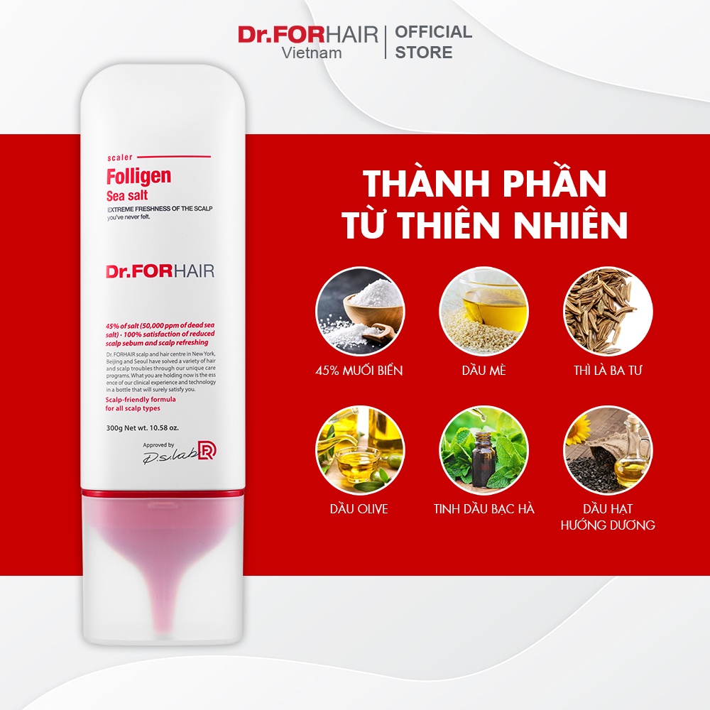 Combo dầu gội đầu ngăn ngừa rụng tóc, giảm dầu Dr.FORHAIR Folligen Plus Shampoo 500ml x Sea Salt Scaler 300g